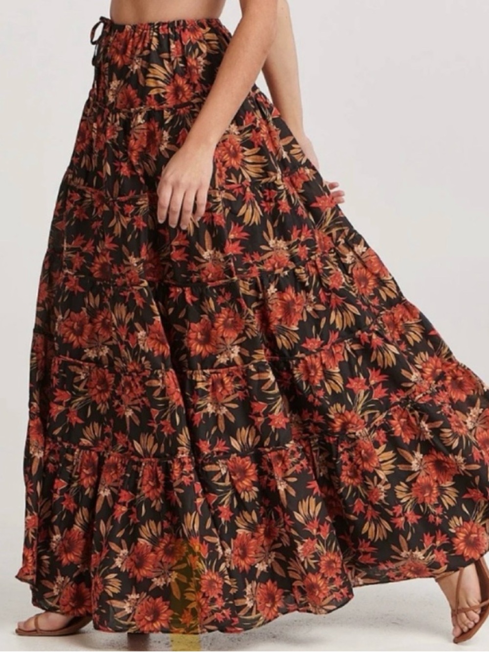 Charlie Holiday Black Maxi Skirt with Red & Gold Floral Print